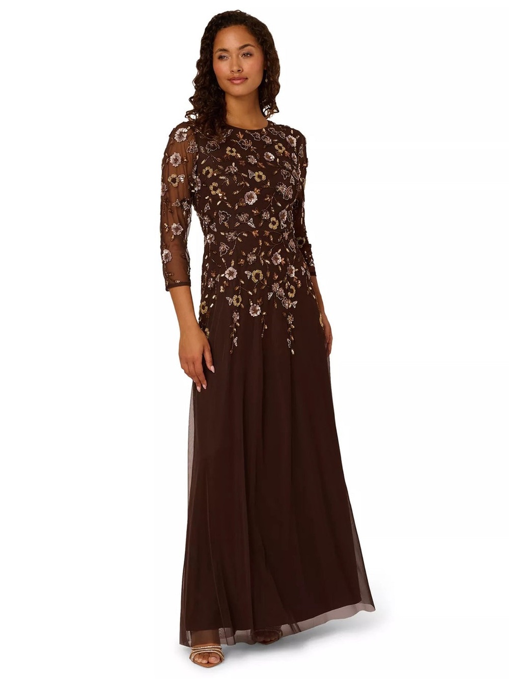 Adrianna Papell Brown Floral Embroidered Long Sleeve Gown